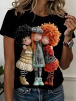 Elorivane Women's Black Cartoon Doll Print Tee, Pastel Beige & Red, Casual Round Neck Short Sleeve Spring Summer Top - Image 11