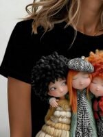 Elorivane Women's Black Cartoon Doll Print Tee, Pastel Beige & Red, Casual Round Neck Short Sleeve Spring Summer Top - Image 17