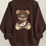 Elorivane Women's Thermal Lined Bear Print Sweatshirt, Oversized Long Sleeve