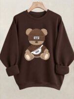 Elorivane Women's Thermal Lined Bear Print Sweatshirt, Oversized Long Sleeve