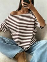 Elorivane Women's White Striped Open Shoulder Tee, Plus Size Y2K Street Style Summer - Image 2