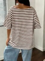 Elorivane Women's White Striped Open Shoulder Tee, Plus Size Y2K Street Style Summer - Image 6