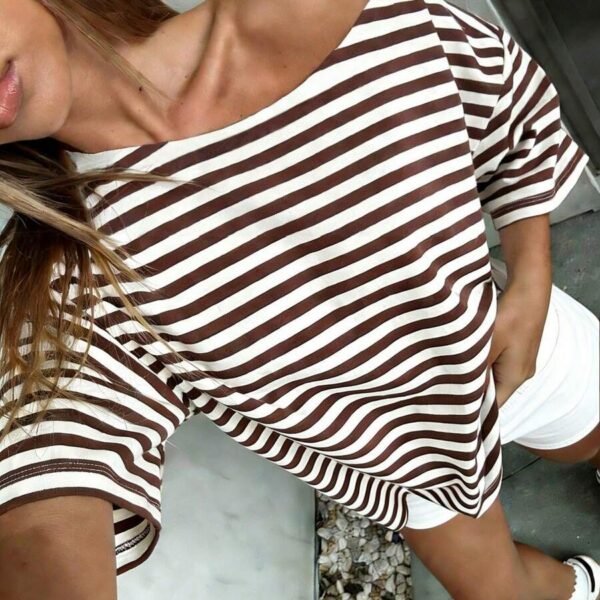 Elorivane Women's White Striped Open Shoulder Tee, Plus Size Y2K Street Style Summer