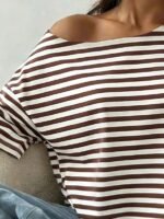 Elorivane Women's White Striped Open Shoulder Tee, Plus Size Y2K Street Style Summer - Image 7