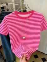 Elorivane Women's Pink-Brown Striped Y2K Tee, Casual Summer - Image 18