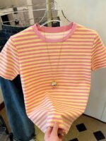 Elorivane Women's Pink-Brown Striped Y2K Tee, Casual Summer - Image 10