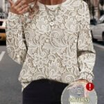 Elorivane Plus Size Faux Lace Print Crew Neck Long Sleeve Graphic Sweatshirt for Everyday Wear