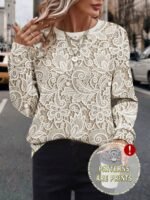 Elorivane Plus Size Faux Lace Print Crew Neck Long Sleeve Graphic Sweatshirt for Everyday Wear