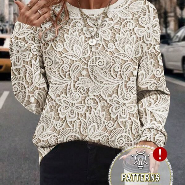 Elorivane Plus Size Faux Lace Print Crew Neck Long Sleeve Graphic Sweatshirt for Everyday Wear