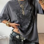 Elorivane Unisex Dark Grey Graphic T-Shirt, Oversized Cotton Y2K Grunge Streetwear Short Sleeve Top