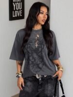 Elorivane Unisex Dark Grey Graphic T-Shirt, Oversized Cotton Y2K Grunge Streetwear Short Sleeve Top - Image 3