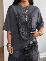 Elorivane Unisex Dark Grey Graphic T-Shirt, Oversized Cotton Y2K Grunge Streetwear Short Sleeve Top - Image 5