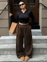 Elorivane Plus Size Leopard Corduroy Pants, Elastic Waist Loose Straight Leg Trousers - Image 4