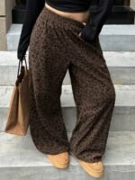 Elorivane Plus Size Leopard Corduroy Pants, Elastic Waist Loose Straight Leg Trousers - Image 8