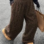 Elorivane Plus Size Leopard Corduroy Pants, Elastic Waist Loose Straight Leg Trousers
