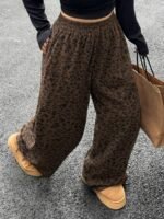 Elorivane Plus Size Leopard Corduroy Pants, Elastic Waist Loose Straight Leg Trousers