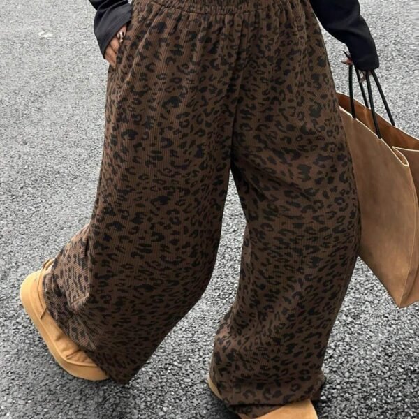 Elorivane Plus Size Leopard Corduroy Pants, Elastic Waist Loose Straight Leg Trousers