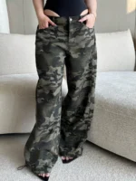 Elorivane Plus Size Camo Jeans, Military Green Loose Straight Leg Motorcycle Autumn Pants - Image 3