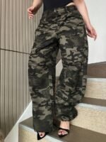 Elorivane Plus Size Camo Jeans, Military Green Loose Straight Leg Motorcycle Autumn Pants - Image 5
