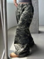 Elorivane Plus Size Camo Jeans, Military Green Loose Straight Leg Motorcycle Autumn Pants - Image 7