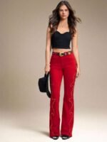 Elorivane Women Black Studded Flared Denim Jeans, High Rise Western Cowgirl Fall Winter Rodeo Festival Pants - Image 8