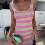 Elorivane Women's Striped Pink Fitted Knit Dress | Casual Vacation Summer Spring Dress