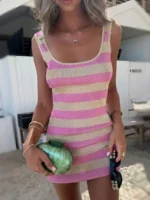 Elorivane Women's Striped Pink Fitted Knit Dress | Casual Vacation Summer Spring Dress