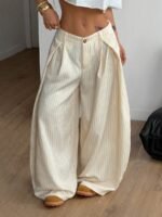 Elorivane Women Brown Striped Cargo Pants, Oversized Curved Hem Vintage Summer Fall Streetwear Trousers - Image 21