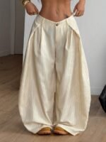 Elorivane Women Brown Striped Cargo Pants, Oversized Curved Hem Vintage Summer Fall Streetwear Trousers - Image 19