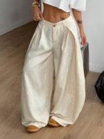 Elorivane Women Brown Striped Cargo Pants, Oversized Curved Hem Vintage Summer Fall Streetwear Trousers - Image 23