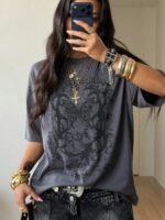 Elorivane Unisex Dark Grey Graphic T-Shirt, Oversized Cotton Y2K Grunge Streetwear Short Sleeve Top - Image 6