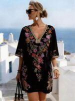 Elorivane Plus Size Women Summer Short Sleeve Floral Print Dress, Patchwork Lace Trim, Resort Wear Casual Holiday Embroidered Beach Vacation Black - Image 9