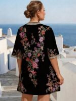 Elorivane Plus Size Women Summer Short Sleeve Floral Print Dress, Patchwork Lace Trim, Resort Wear Casual Holiday Embroidered Beach Vacation Black - Image 10