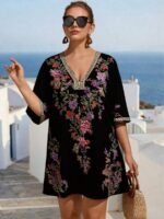 Elorivane Plus Size Women Summer Short Sleeve Floral Print Dress, Patchwork Lace Trim, Resort Wear Casual Holiday Embroidered Beach Vacation Black - Image 11