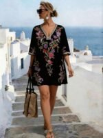 Elorivane Plus Size Women Summer Short Sleeve Floral Print Dress, Patchwork Lace Trim, Resort Wear Casual Holiday Embroidered Beach Vacation Black - Image 12