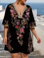 Elorivane Plus Size Women Summer Short Sleeve Floral Print Dress, Patchwork Lace Trim, Resort Wear Casual Holiday Embroidered Beach Vacation Black - Image 13
