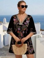 Elorivane Plus Size Women Summer Short Sleeve Floral Print Dress, Patchwork Lace Trim, Resort Wear Casual Holiday Embroidered Beach Vacation Black - Image 14