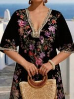 Elorivane Plus Size Women Summer Short Sleeve Floral Print Dress, Patchwork Lace Trim, Resort Wear Casual Holiday Embroidered Beach Vacation Black - Image 16
