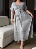 Elorivane Plus Size Floral Lace Nightgown, Contrast Flare Sleeve Elegant Maxi Spring Autumn Winter Loungewear - Image 13