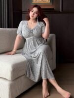 Elorivane Plus Size Floral Lace Nightgown, Contrast Flare Sleeve Elegant Maxi Spring Autumn Winter Loungewear - Image 14