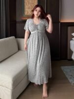 Elorivane Plus Size Floral Lace Nightgown, Contrast Flare Sleeve Elegant Maxi Spring Autumn Winter Loungewear - Image 15