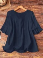 Elorivane Plus Size Women's Navy Blue Boho Blouse, Cotton Ruffle Sleeves with Bow Decor, Casual Leisure Shirt for Summer Vacation, Home, Daily Outing & Travel, Also Great for Fall Wear - Image 33