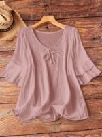 Elorivane Plus Size Women's Navy Blue Boho Blouse, Cotton Ruffle Sleeves with Bow Decor, Casual Leisure Shirt for Summer Vacation, Home, Daily Outing & Travel, Also Great for Fall Wear - Image 28