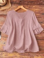 Elorivane Plus Size Women's Navy Blue Boho Blouse, Cotton Ruffle Sleeves with Bow Decor, Casual Leisure Shirt for Summer Vacation, Home, Daily Outing & Travel, Also Great for Fall Wear - Image 27