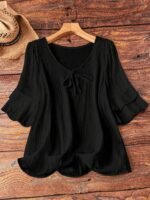 Elorivane Plus Size Women's Navy Blue Boho Blouse, Cotton Ruffle Sleeves with Bow Decor, Casual Leisure Shirt for Summer Vacation, Home, Daily Outing & Travel, Also Great for Fall Wear - Image 16