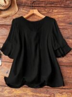 Elorivane Plus Size Women's Navy Blue Boho Blouse, Cotton Ruffle Sleeves with Bow Decor, Casual Leisure Shirt for Summer Vacation, Home, Daily Outing & Travel, Also Great for Fall Wear - Image 15