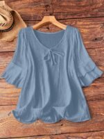 Elorivane Plus Size Women's Navy Blue Boho Blouse, Cotton Ruffle Sleeves with Bow Decor, Casual Leisure Shirt for Summer Vacation, Home, Daily Outing & Travel, Also Great for Fall Wear - Image 10