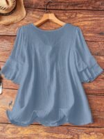 Elorivane Plus Size Women's Navy Blue Boho Blouse, Cotton Ruffle Sleeves with Bow Decor, Casual Leisure Shirt for Summer Vacation, Home, Daily Outing & Travel, Also Great for Fall Wear - Image 9