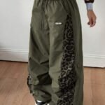 Elorivane Women Black Leopard Patchwork Parachute Pants, Baggy Preppy Hippie Streetwear Trousers