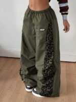 Elorivane Women Black Leopard Patchwork Parachute Pants, Baggy Preppy Hippie Streetwear Trousers